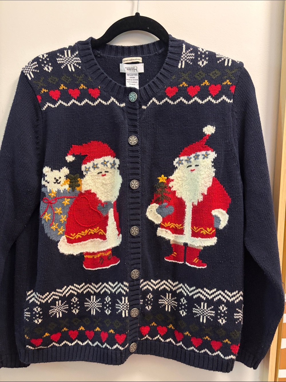Vintage Northern Reflections Santa Cardigan Sweater - Navy with Red Accents
